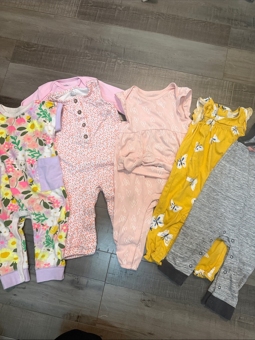 Girls Floral & Heart One-Piece Romper Bundle - Pink, Yellow, Gray
